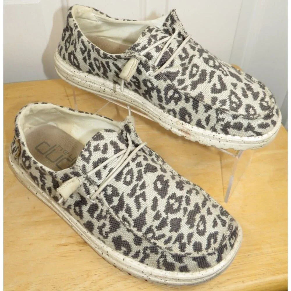 Hey Dude Wendy Woven Cheetah Grey Slip On Comfort Shoes Women's Size 9